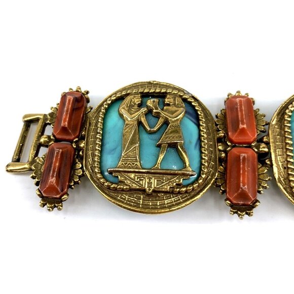 Egyptian Revival Bracelet 7" Unsigned Statement PIece Vintage Metal Plastic - Picture 2 of 11
